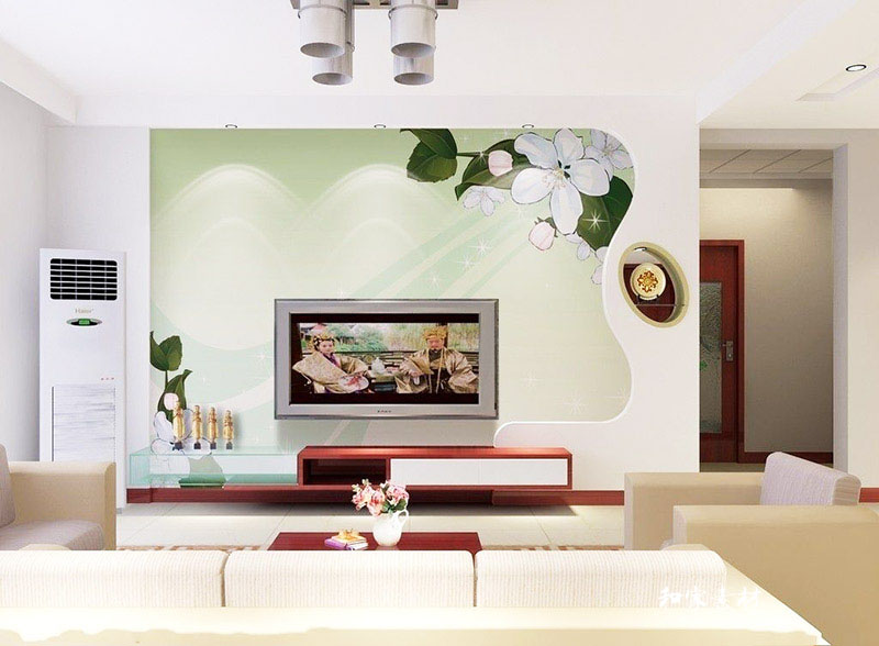 60平米两居室新中式风格花儿电视背景墙效果图